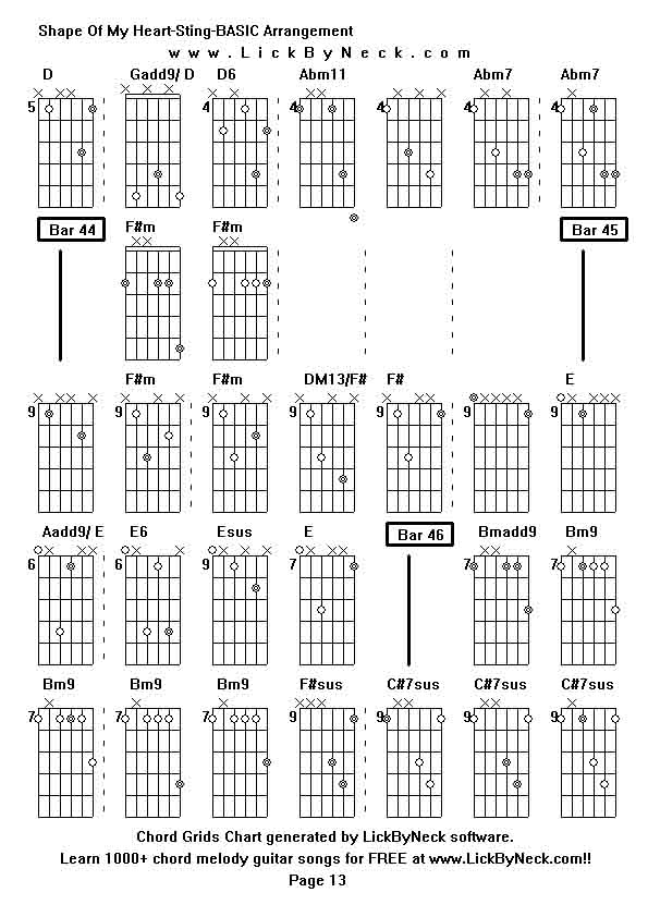 Chord Grids Chart of chord melody fingerstyle guitar song-Shape Of My Heart-Sting-BASIC Arrangement,generated by LickByNeck software.